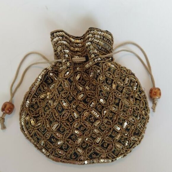 Potli Pouch Drawstring Lined Bag Purse Satchel Sequins Black Gold - Picture 5 of 9